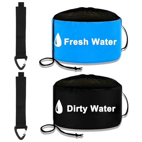 Image of 2-Pack RV Tools Accessories Bag for Fresh /Black Water Sewer Hoses and Electrical Cords, Waterproof RV Hose Storage Bags with Drawstring Mesh Top, RV Utility bag, Sewer Hose Bag, Blue and Black