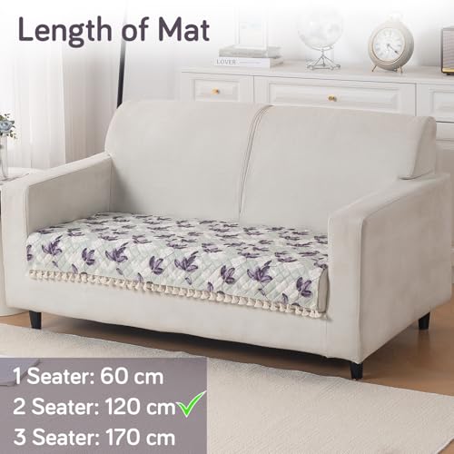 Image of HOKIPO Lavender Vine 2 Seater Quilted Sofa Cover Mat with Tassels 'Tassel Twigs' Series (IN-983-T1)