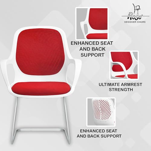 Image of ROSE Zaria | 3 Years Brand Warranty | Ergonomic mesh mid-Back Office Chair, Perfect for Study, Work from Home, revolving, Rolling Computer Desk Chair (White & Red, Visitor)