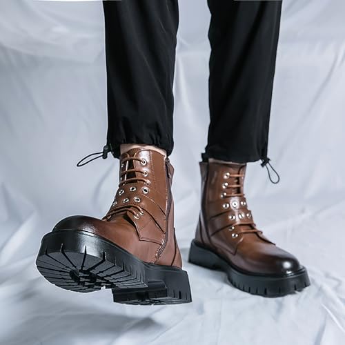 Image of Men's Black Leather Platform Ankle Boots Lace up Side Zip Adjustable Buckle Lug sole Non-Slip Combat Booties Fashion Punk Motorcycle Boots