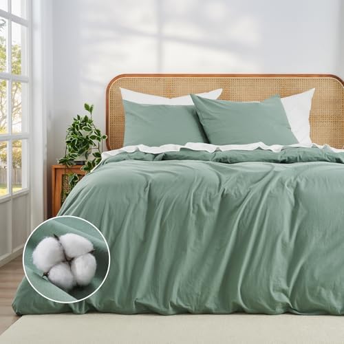 Duvetnova Bettwäsche 135x200 Baumwolle 4teilig Grün Salbeigrün Superweiche 100% Vorgewaschene Baumwolle ÖKO-TEX Hochwertige 2 Bettbezüge 135 x 200+ 2 Kissenbezüge 80x80 alle mit Re