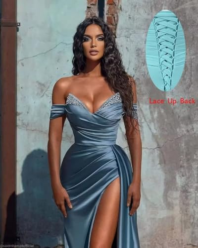 Off Shoulder Mermaid Prom Dresses Satin Ball Gown 2022 Long Slit Beaded Formal Evening Party Bridesmaid Gowns for Wedding2