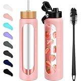 FULBEVY 32 oz Glass Water Bottles - 1 Liter Motivational Tumbler Water Bottle Time Marker - Borosilicate Glass Water Bottle With Silicone Sleeve and 2 Lids, Handle Spout & Bamboo Straw Lid