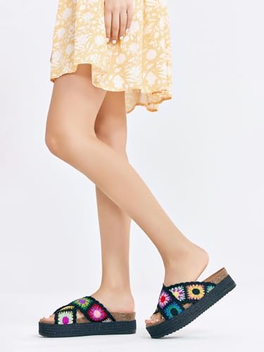 Image of Coutgo Womens Platform Espadrille Sandals Floral Crochet Open Toe Slides | 2.2-In Heels, Slip on, Cork Footbed, Cross Wide Strap, Summer Beach Vacation Shoes