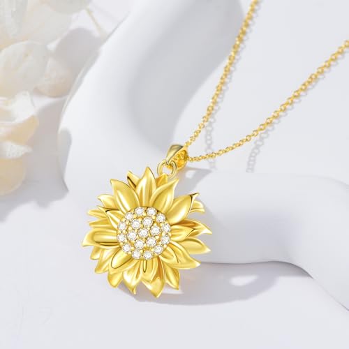 Diamond Sunflower Necklace for Women, 18K Gold Plated Sterling Silver You Are My Sunshine Sunflower Pendant Necklace Jewelry Anniversary Mother's Day Jewelry Gifts for Her, Mom, Wife3