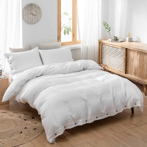 Housse de couette 100 % lin lavé blanc lit simple style rustique chic - 5