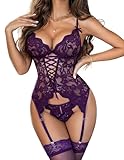 Avidlove Womens Lingerie Lace Bodysuit Lingerie Set Teddy Sleepwear with Garter Belts Dark Purple M