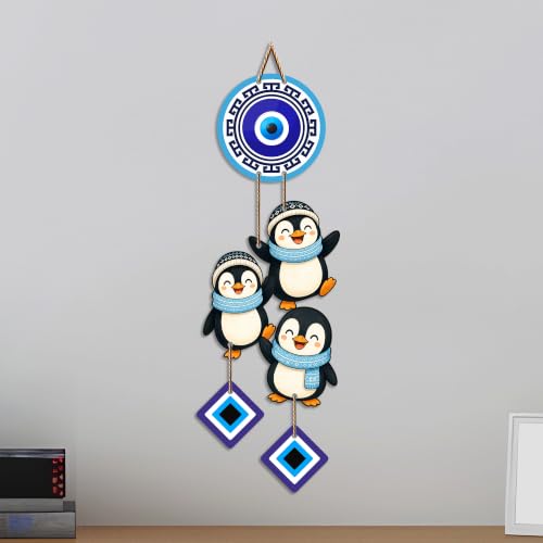 Image of Artvibes Penguin Family Evil Eye Wall Hanging Decor for Kids Room | Living Room | Bedroom | Cute Nazar Battu Protection Ornament | Positive Energy Wall Accent Gift (WH 85147N)