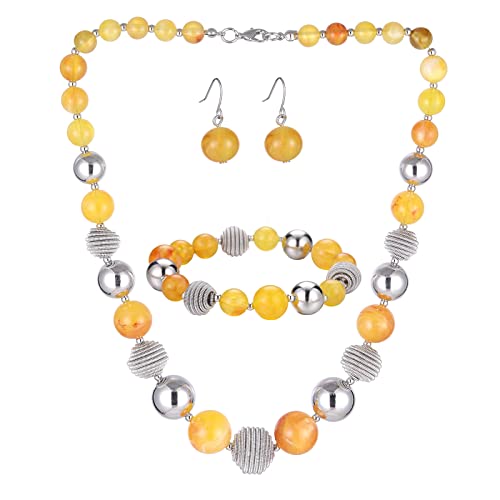 FULU AUTUMN 3 Pcs Parure de Bijoux Collier de Perles Grosses Bracelet et Boucles d'Oreilles Cadeau d'Anniversaire pour Femme(Yellow)