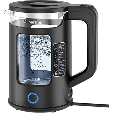 LILPARTNER Electric Kettle, 1.7 Litre, 3000W Fast Boil Glass Tea Kettle Electric with LED Indicator, Cordless Water Kettle, BPA-Free, Auto Shut-Off & Boil-Dry Protection, Keep Warm Function, Black Cover