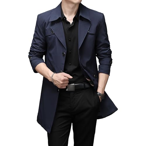 Mens Long Lightweight Lapel Jacket Slim Fit Single Breasted Casual Outerwear Fall Windbreaker Butttons Trench