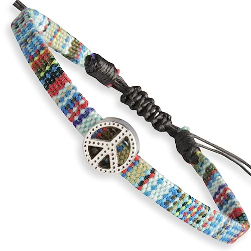 Boho Colorful Woven Cloth Surfer Bracelets with Peace Sign Charm - Adjustable Sizing, Converts into Anklet or Bracelet, Stackable - Dainty Beaded Bracelets and Anklets for Women Waterproof - Trendy Summer Jewelry