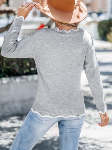 Image of CUPSHE Women Long Sleeve Scalloped Sweaters 2024 Trendy Casual V Neck Knit Pullover Jumper Tops