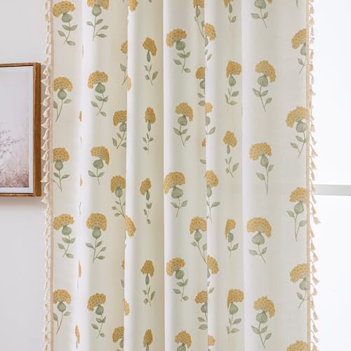 TIVNICO Mustard Yellow Floral Curtains 45 Inch Length for Bedroom Boho Linen Farmhouse Curtains for Living Room Vintage Blossom Patterned Rod Pocket Semi Sheer Window Treatments Drapes 2 Panels