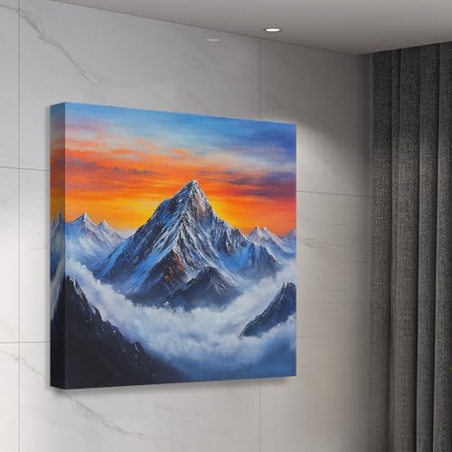 Image of Exsha Majestic Snow-Capped Mount Everest Peak at Sunset Canvas Wall Painting|Vibrant Himalayas Square Art Print for Living Room, Bedroom, Office Decor|Nature Painting for Wall Decoration|20x20 Inch