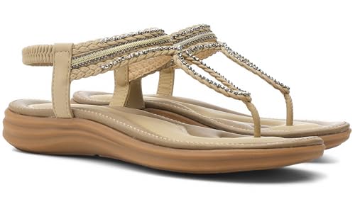 Image of UBFEN Womens Bohemian Flat Sandals With Back Strap Summer Beach Comfortable Bling