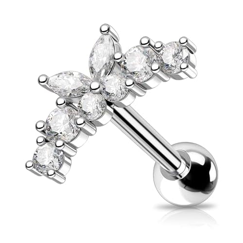 OUFER 316L Surgical Steel Helix Piercing Jewelry, Cartilage Earrings Studs, Curved Vine 16G Clear CZ Tragus Piercing Jewlery for Women Men-Butterfly/Flower