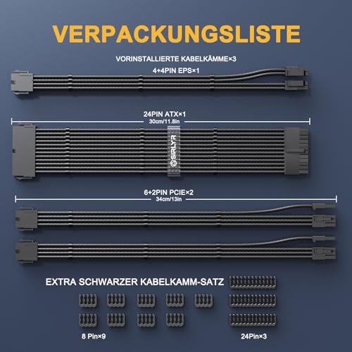 SIRLYR PSU Kabelverlängerung Kit 16AWG – 24Pin ATX, 8Pin EPS, 2x 8Pin PCIE (vergoldet), Dual Cable Combs, vorgebogen & sleeved | PC Kabel Extension Set, Netzteil Kabel Set