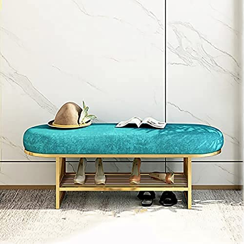 Banc à chaussures velours rembourré de luxe vert avec rangement doré