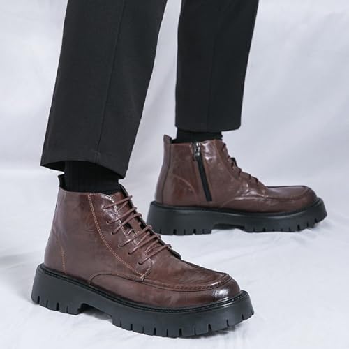 Image of Men's Textured Leather Platform Chunky Low Heel Combat Boots with Side Zipper Vintage Round Toe Lug Sole Non-Slip Lace-Up Motorcycle Boots Work Office Business Casual Oxfords