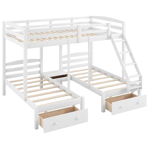 Image of VilroCaz Wood Bed Bunk Bed with 2 Storage Drawers for 3, Full Over Twin & Twin Bunk Bed Frame with Built-in Middle Drawer, Guardrail and Ladder for Kids Teens Adults, Maximized Space Design