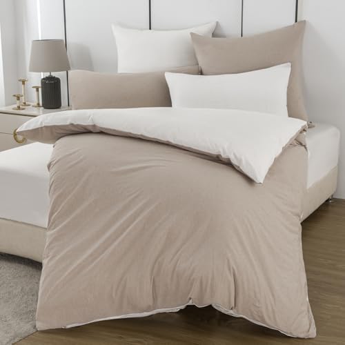 Nesture Bettwäsche 135x200 Baumwolle 2teilig, Beige/Weiß | 100% Baumwolle, gewaschene Leinenoptik, 1x Bettbezug 135x200 + 1x Kissenbezug 80x80cm, Bettwäsche-Sets, Weich & atmungsak