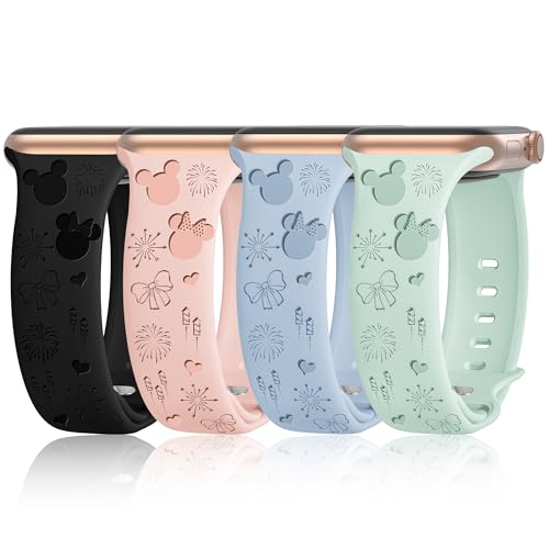 4 PACK Engraved Silicone Bands Compatible with Apple Watch Band 40mm 38mm 41mm 42mm 44mm 45mm 46mm 49mm Women Breathable Soft Cute Sport Replacement Strap for iWatch SE Series 11 10 9 8 7 6 5 4 3 2 1