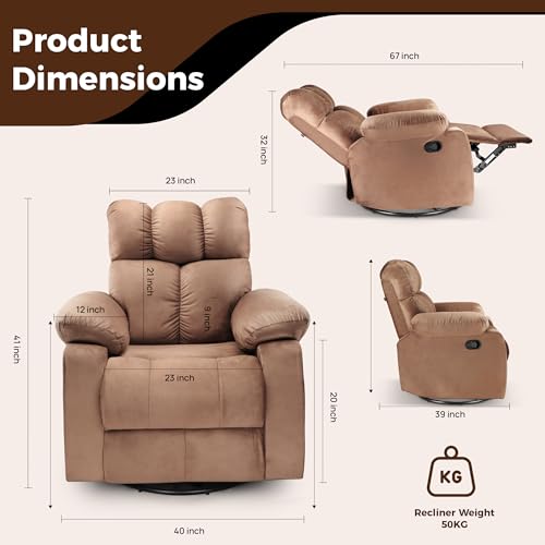 Image of Little NAP Helios Premium Soft Suede Fabric Manual Single Recliner | 360 Swivel & Rocking 1-Seater Lounge Chair | Relaxing Aaram Sofa for Living Bed Room, Bedroom & Home Office | Brown