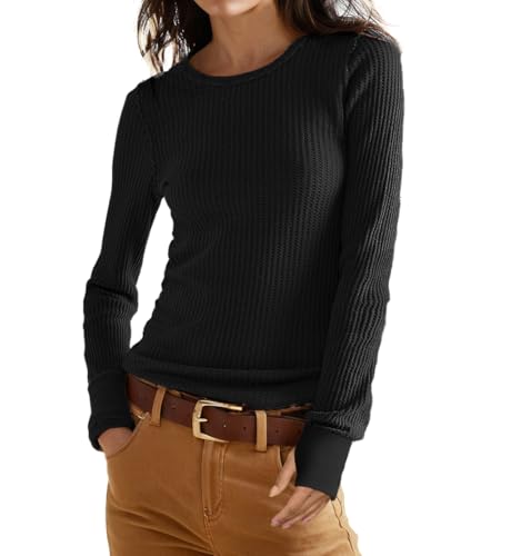GRECERELLE Waffle Knit Long Sleeve Shirts for Women Crew Neck Slim Fitted Going Out Tops Y2k Outfits Black-M