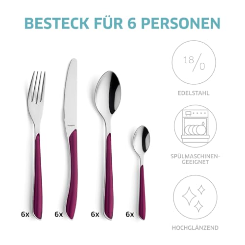 Kuppels Prisma Besteck Set für 6 Personen aus Edelstahl poliert | Besteckset 24-teilig | Hochwertige Kunststoff-Griffschalen in Wildberry | Rostfrei | Essbesteck für 6 Personen | Spülmaschinenfest