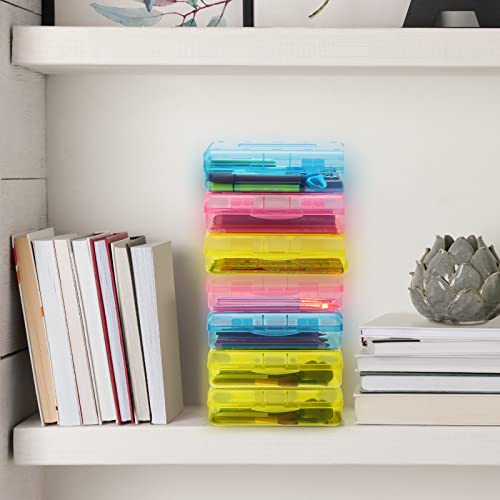Image of Fainne 24 Pack Clear Plastic Pencil Box,Pink, Yellow, Blue | Stackable Organizer for School Supplies, Large Case for Crayons Markers, Snap-lid Keeps Stationery Secure, Bulk Set