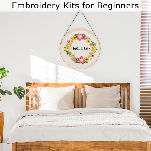 Image of Nuberlic Floral Embroidery Kit for Beginners Cross Stitch Kits- Complete Starter Set with Hoop, Pre-Printed Fabric, Threads & Needles