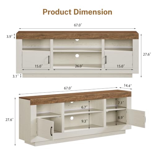 Image of TEENFON TV Stand for 75 inch TV, Entertainment Center with LED Lights & Adjustble Shelves, TV Console, 27.6 inch H Media Console with Open Storage & Side Cabinets, TV Stands for Living Room, Cloud White