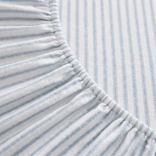 Image of Martha Stewart - King Sheet Set with Fitted Sheet & Pillowcases, Soft Cotton Flannel Bedding, Deep Pocket, Ticking Stripe Blue