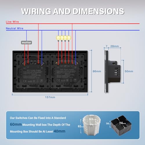BSEED WIFI 4 Fach 1 Weg Lichtschalter mit Smart Vorhang Schalter Fernbedienung Compatibel mit Google Home und Alexa Neutrale Leitung Ben&ouml;tigt, Schwarz