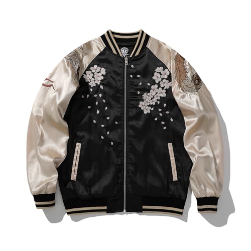Phoenix Embroidery Men's Bomber Jacket Satin Japanese Style Streetwear Retro Windbreaker Coat for Spring Fall2