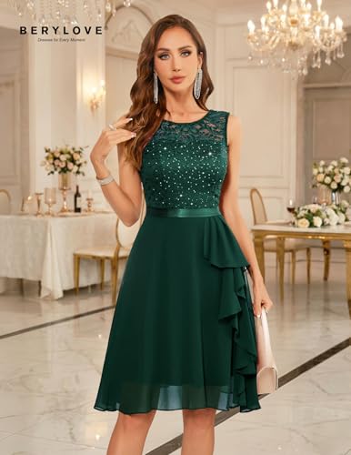 Image of BeryLove Womens Boat Neck A Line Sleeveless Lace Formal Homecoming Dress | Short Dress With Ruffle Hem, Sparkly Design Ideal For Wedding Guest,Bridesmaid Cocktail Prom & Evening Party Events