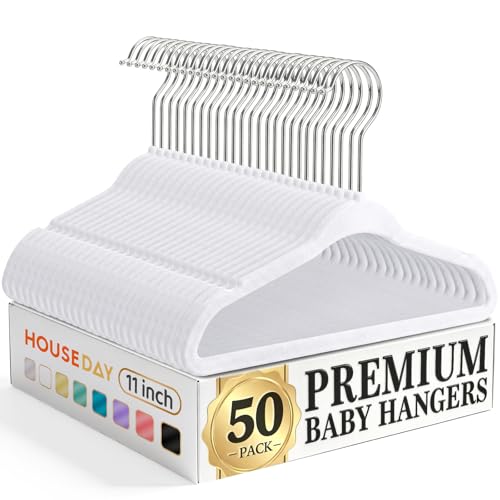 Image of HOUSE DAY 11 Inch Velvet Baby Hangers 50 Pack White, Premium Kids Hangers for Children, Infant & Toddler Clothes, Durable Non Slip Small Baby Felt Hanger for Closet, Ideal for Everyday Use
