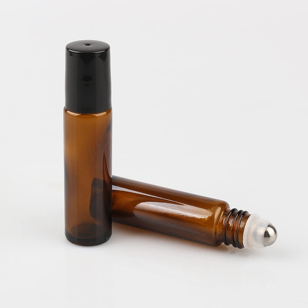 Roll-On Glasflaschen Zum Befüllen, Leere Glas Flaschen mit Edelstahl Kugel, 24 Stück Braune Ätherisches Öl Flaschen 10ml Leer Kleine Fläschchen für Ätherische Öle, Parfüm & Aromatherapie
