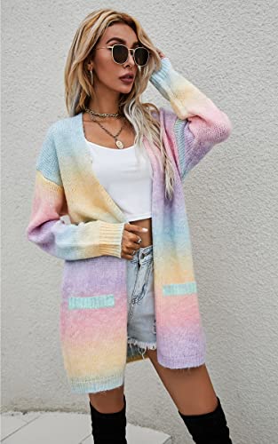 Image of ECOWISH Women Cardigan Sweaters Long Kimono Striped Long Sleeve Open Front Color Block Cozy Knitted Coat Outwear Winter Fall