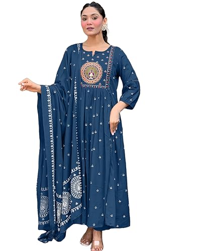 Image of KLOSIA Women Rayon Printed Anarkali Kurta Set with Dupatta