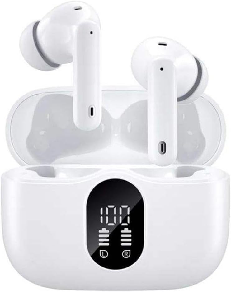 Wireless Earbuds Bluetooth Headphones with LED Power Display Built-in ENC Noise Cancelling Mic Deep Bass Stereo and Noise