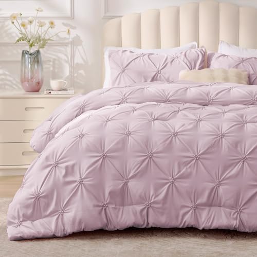 Image of BEDELITE King Comforter Set Light Purple,Lightweight & Soft Comforter | Pintuck Boho Bedding, Warm & Cute Bed Set for All Season,With 2 Pillowcases