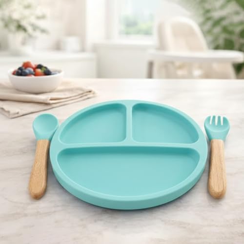Image of BabyGo Silicone Suction Plate with Spoon for Babies | Microwave, Dishwasher & Freezer Safe | Unbreakable Feeding Plate with 4 Suction Cups for Babies & Toddlers | BPA-Free (Light Blue)