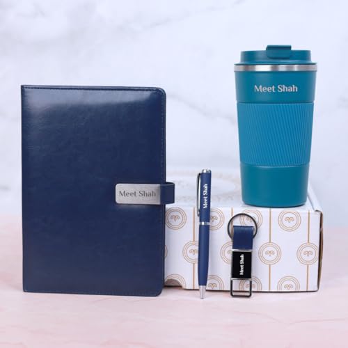 Image of Giftana Personalized Notebook Diary with Pen, Coffee Tumbler 510ml, Keychain Gift Set for Men and Women, 4 in 1 Personalized New Year Corporate Gifting for Employee, Birthday Gifts for Husband (Blue)