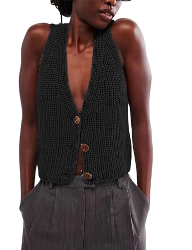 Image of Womens Cropped Sweaters Vest Button Down V Neck Knit Sleeveless Crop Sweater 2025 Summer Casual Tank Tops