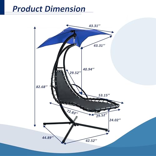 GOWE Hanging Chaise Lounger with Removable Canopy, Outdoor Swing Chair with Built-in Pillow, Hanging Curved Chaise Lounge Chair Swing for Patio Porch Poolside, Hammock Chair with Stand (Navt)