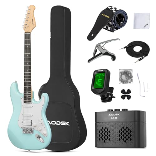 AODSK Electric Guitar with Amp Beginner Kit 39 Inch Solid Body Full Size,All Accessories,Digital Tuner,Six Strings,Four Picks,Tremolo Bar,Strap,Gig Bag,Starter kit (Blue-HSS)