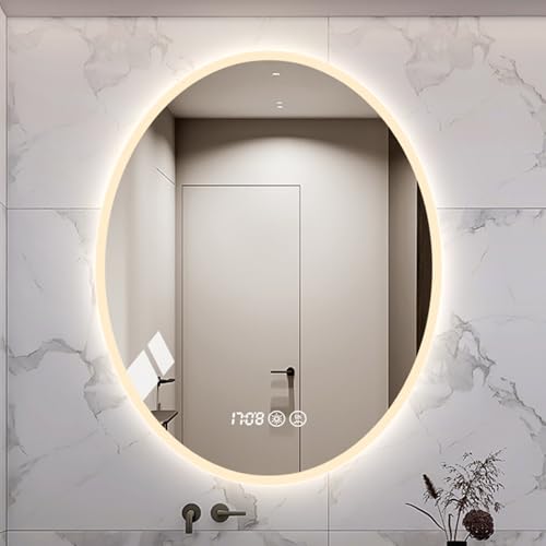 HJXGQJM Espejo De Baño Ovalado con Luz LED Antivaho, Espejo Baño con Luz LED, Espejo De Maquillaje con Brillo Ajustable, Espejo De Baño con Iluminación con 3 Colores De Luz Regulables(60x80cm)