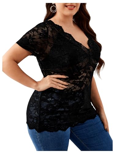 OYOANGLE Women's Plus Size Short Sleeve Floral Lace Blouse Mesh V Neck Slim Tee Shirt Top2
